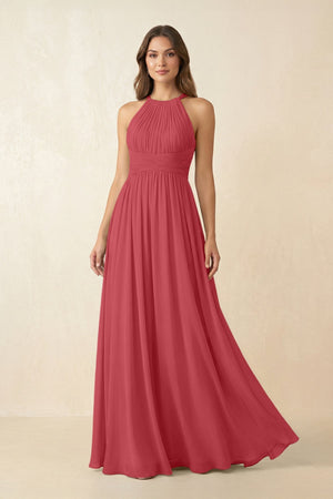Halter Pleated A - Line Chiffon Bridesmaid Dress in Merlot - SHE IS ME Bridesmaid Dresses