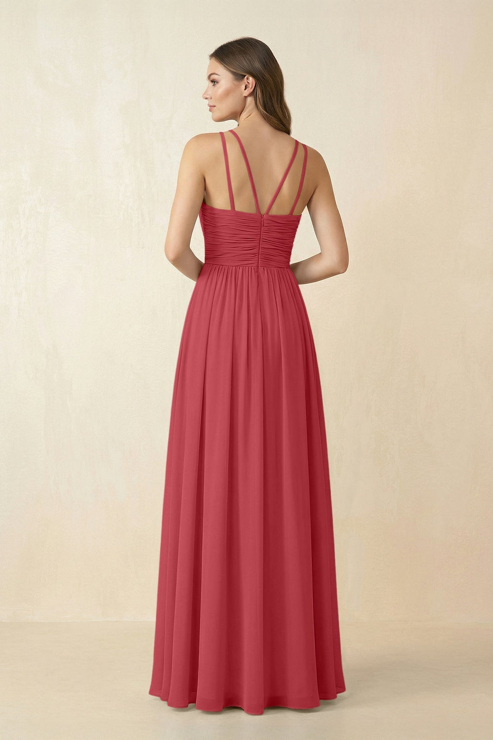 Halter Pleated A - Line Chiffon Bridesmaid Dress in Merlot - SHE IS ME Bridesmaid Dresses