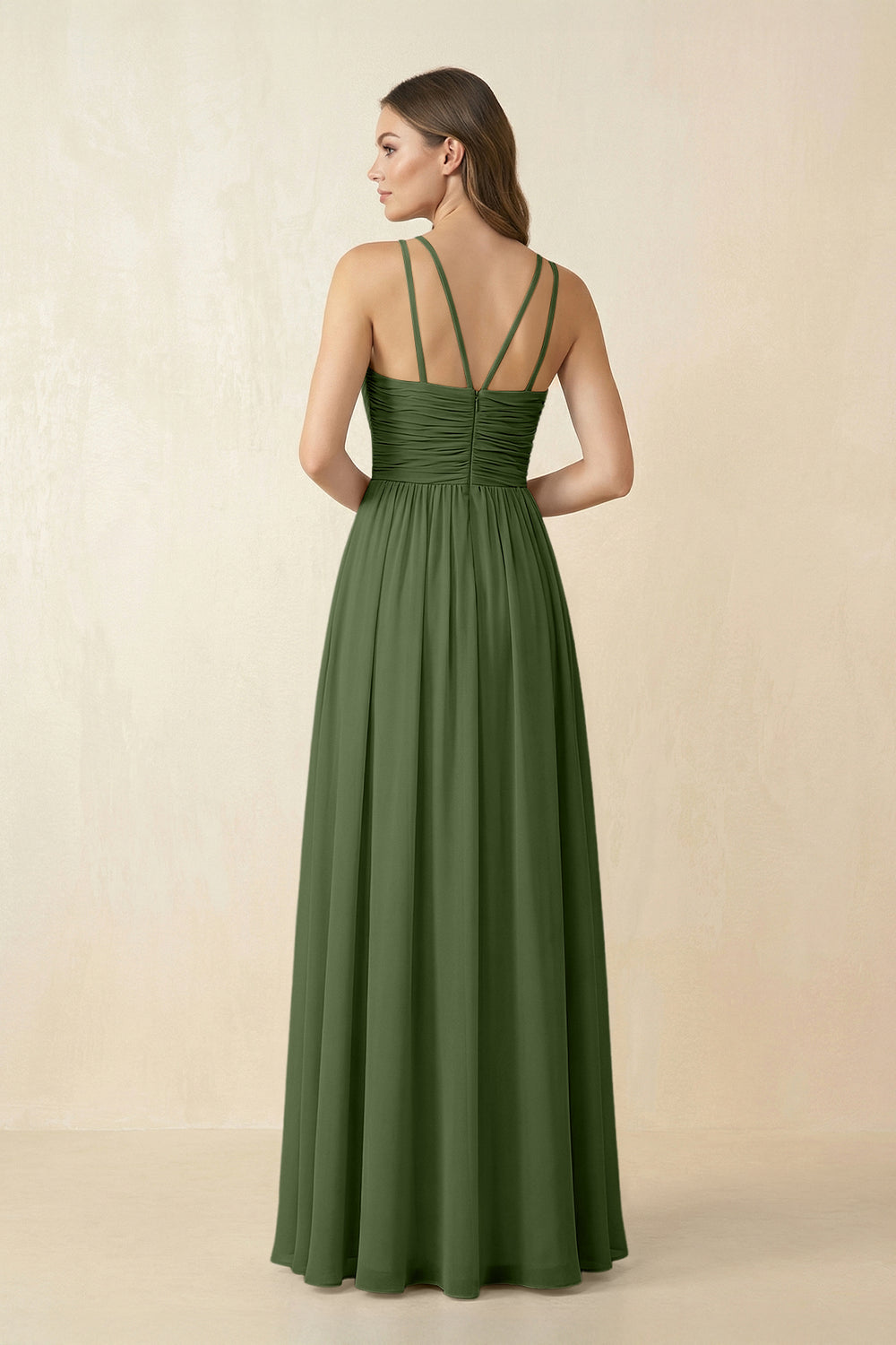 Halter Pleated A-Line Chiffon Bridesmaid Dress in Moss