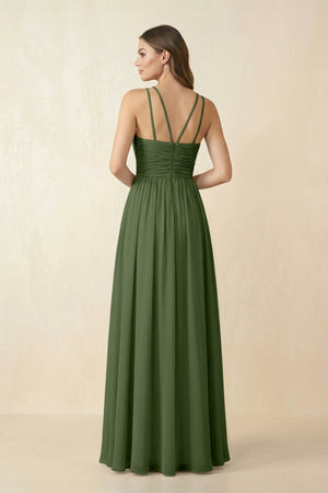 Halter Pleated A-Line Chiffon Bridesmaid Dress in Moss (2) | KISSBRIDAL