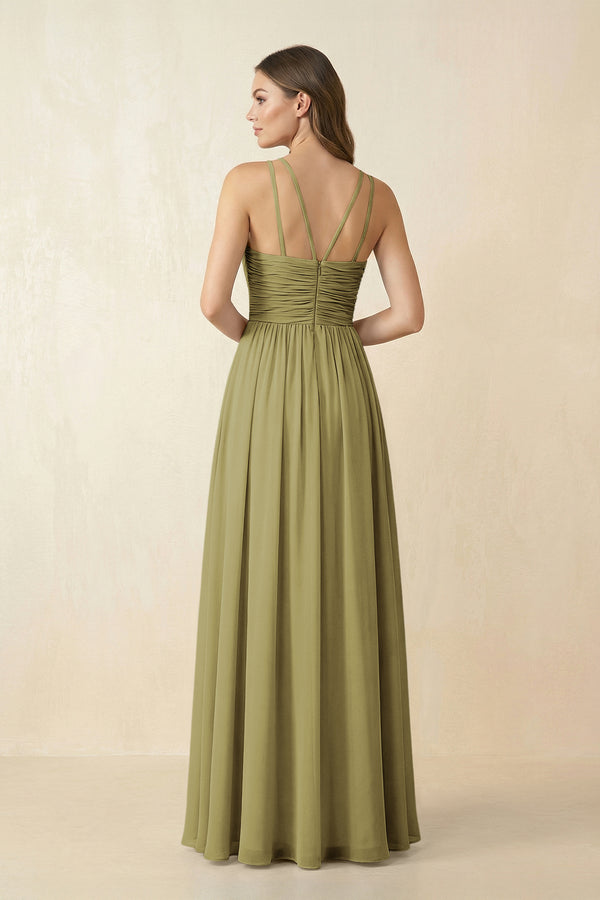 Halter Pleated A-Line Chiffon Bridesmaid Dress in Moss Green (2) | KISSBRIDAL