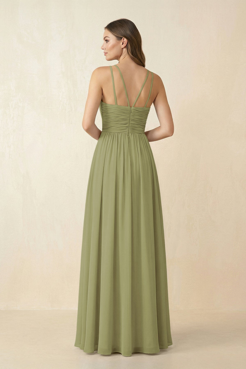 Halter Pleated A - Line Chiffon Bridesmaid Dress in Moss Green - SHE IS ME Bridesmaid Dresses
