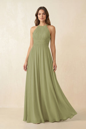 Halter Pleated A - Line Chiffon Bridesmaid Dress in Moss Green - SHE IS ME Bridesmaid Dresses