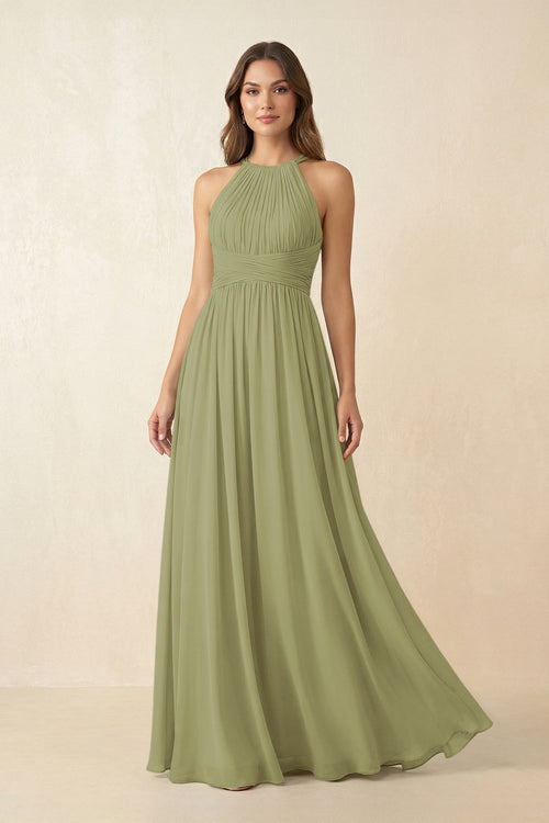 Halter Pleated A - Line Chiffon Bridesmaid Dress in Moss Green - SHE IS ME Bridesmaid Dresses