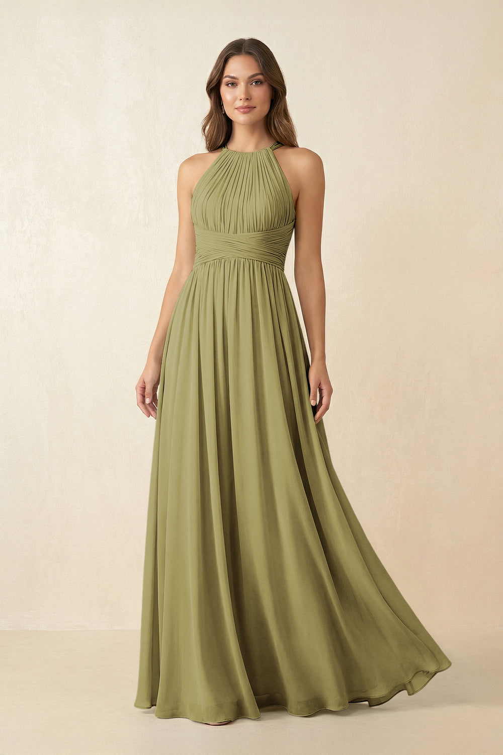 Halter Pleated A-Line Chiffon Bridesmaid Dress in Moss Green