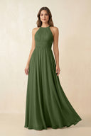 Halter Pleated A-Line Chiffon Bridesmaid Dress in Moss | KISSBRIDAL