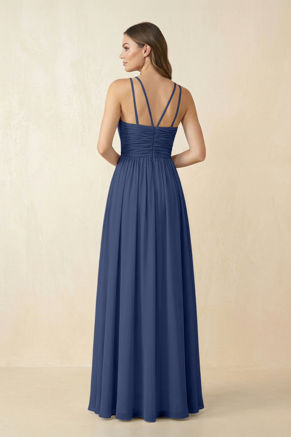 Halter Pleated A - Line Chiffon Bridesmaid Dress in Navy - SHE IS ME Bridesmaid Dresses