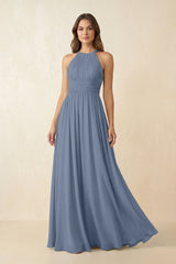 Halter Pleated A - Line Chiffon Bridesmaid Dress in Neptune - KISS BRIDAL Bridesmaid Dresses