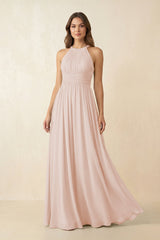 Halter Pleated A - Line Chiffon Bridesmaid Dress in Pale Blush - KISS BRIDAL Bridesmaid Dresses