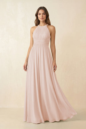 Halter Pleated A - Line Chiffon Bridesmaid Dress in Pale Blush - SHE IS ME Bridesmaid Dresses