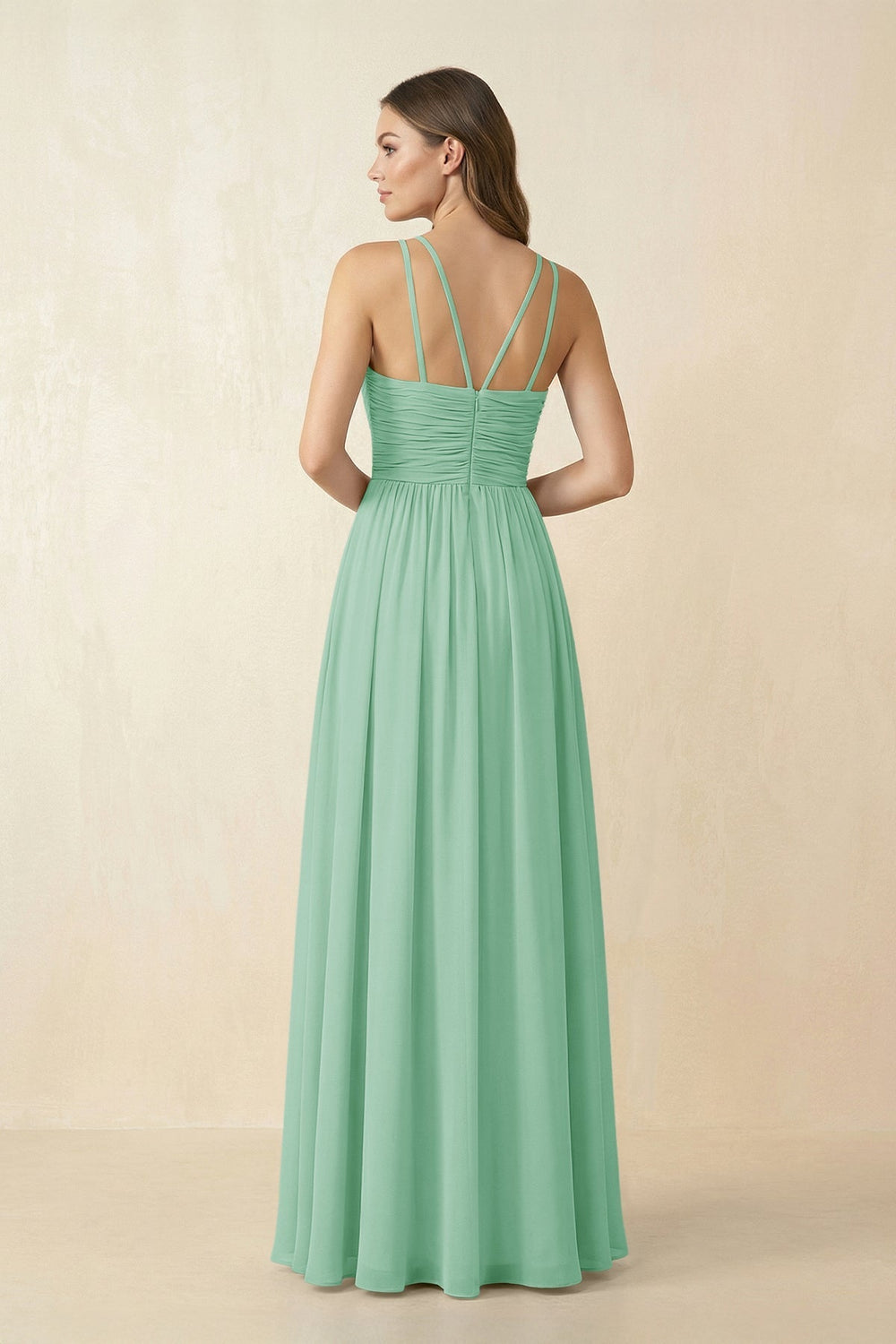 Halter Pleated A - Line Chiffon Bridesmaid Dress in Pale Pistachio - SHE IS ME Bridesmaid Dresses
