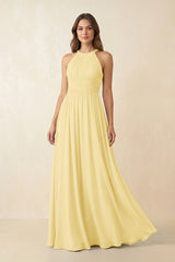 Halter Pleated A - Line Chiffon Bridesmaid Dress in Pastel Yellow - KISS BRIDAL Bridesmaid Dresses