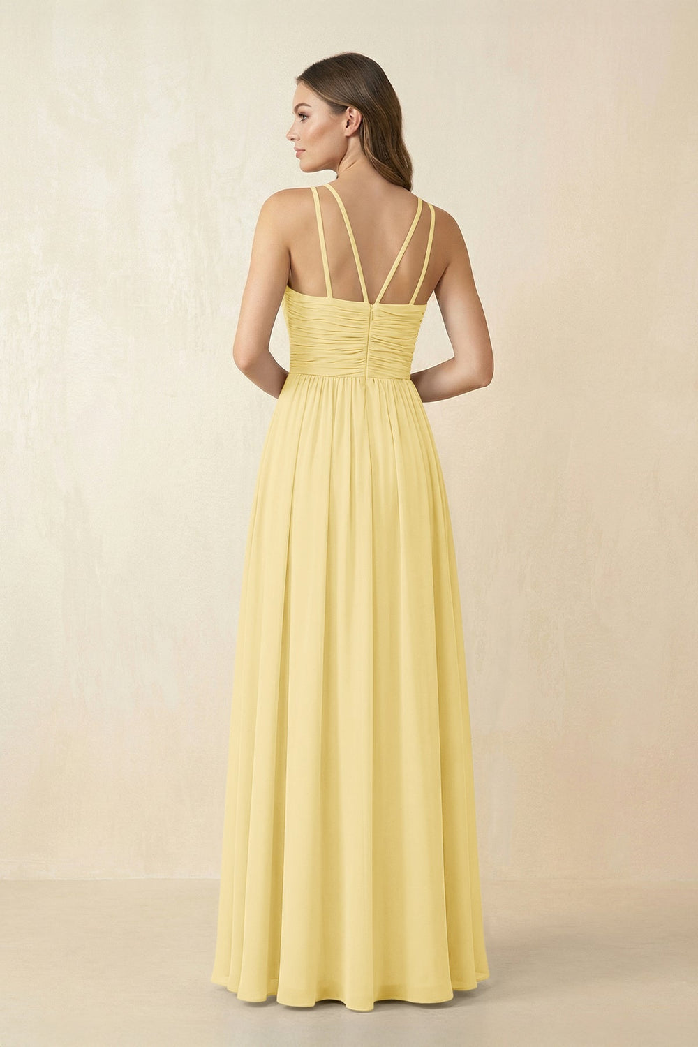 Halter Pleated A - Line Chiffon Bridesmaid Dress in Pastel Yellow - SHE IS ME Bridesmaid Dresses