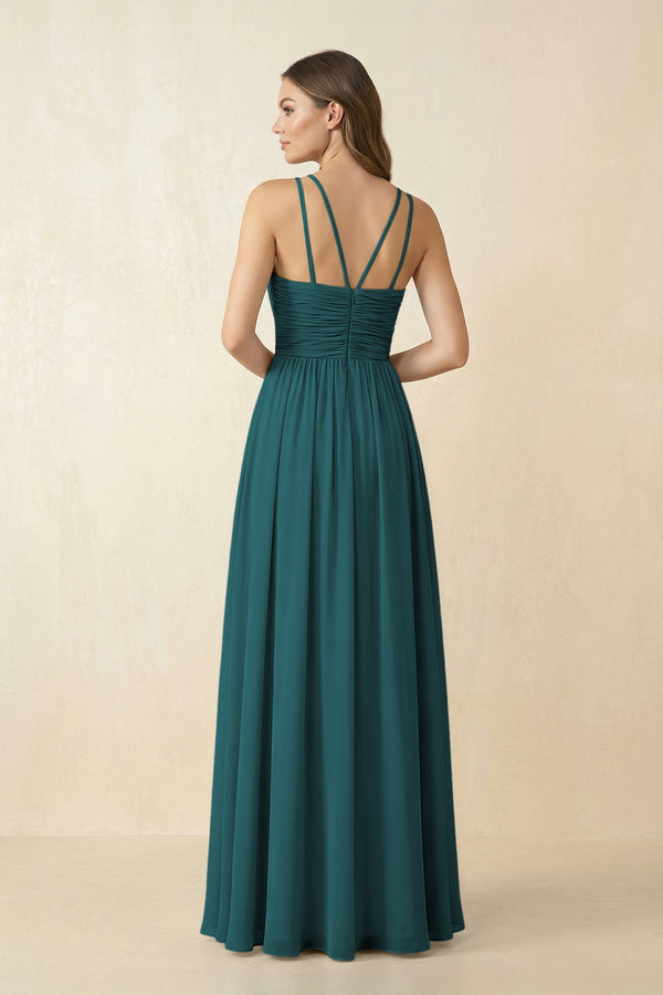 Halter Pleated A - Line Chiffon Bridesmaid Dress in Pine - SHE IS ME Bridesmaid Dresses