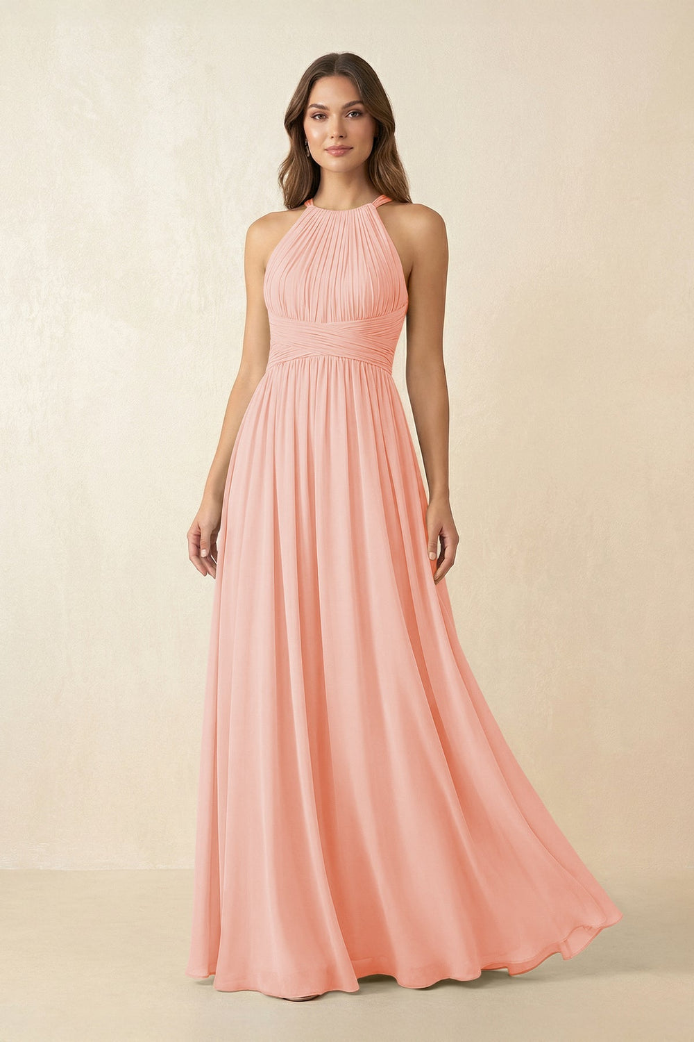 Halter Pleated A - Line Chiffon Bridesmaid Dress in Rose Petal - SHE IS ME Bridesmaid Dresses