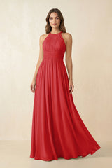 Halter Pleated A - Line Chiffon Bridesmaid Dress in Ruby Red - KISS BRIDAL Bridesmaid Dresses