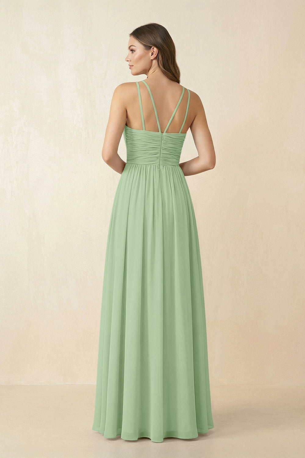 Halter Pleated A - Line Chiffon Bridesmaid Dress in Sage - SHE IS ME Bridesmaid Dresses