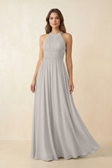 Halter Pleated A - Line Chiffon Bridesmaid Dress in Silver - KISS BRIDAL Bridesmaid Dresses