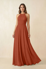 Halter Pleated A - Line Chiffon Bridesmaid Dress in Spice - KISS BRIDAL Bridesmaid Dresses