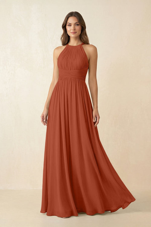 Halter Pleated A - Line Chiffon Bridesmaid Dress in Spice - SHE IS ME Bridesmaid Dresses