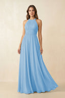 Halter Pleated A - Line Chiffon Bridesmaid Dress in Steel Blue - SHE IS ME Bridesmaid Dresses