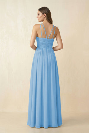 Halter Pleated A - Line Chiffon Bridesmaid Dress in Steel Blue - SHE IS ME Bridesmaid Dresses