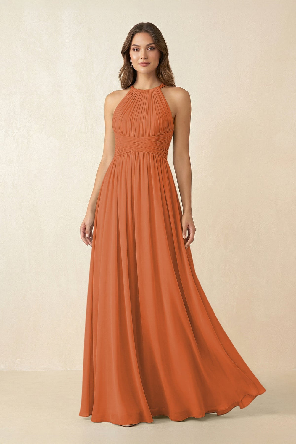 Halter Pleated A - Line Chiffon Bridesmaid Dress in Terracotta - SHE IS ME Bridesmaid Dresses