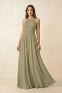 Halter Pleated A - Line Chiffon Bridesmaid Dress in Thyme - SHE IS ME Bridesmaid Dresses