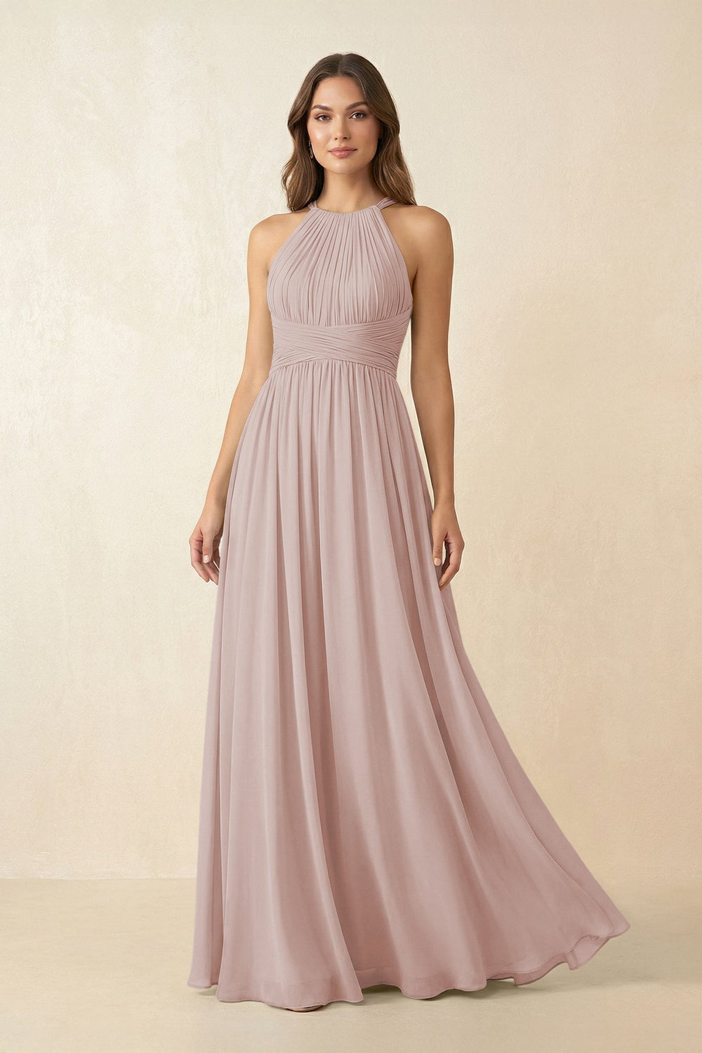 Halter Pleated A - Line Chiffon Bridesmaid Dress in Toffee - KISS BRIDAL Bridesmaid Dresses