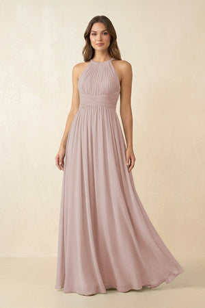 Halter Pleated A - Line Chiffon Bridesmaid Dress in Toffee - SHE IS ME Bridesmaid Dresses