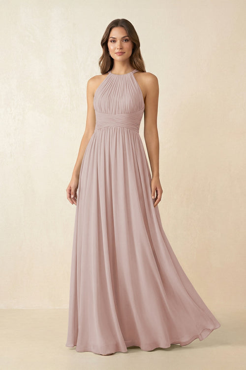 Halter Pleated A - Line Chiffon Bridesmaid Dress in Toffee - SHE IS ME Bridesmaid Dresses