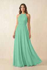 Halter Pleated A - Line Chiffon Bridesmaid Dress in Turquoise - KISS BRIDAL Bridesmaid Dresses