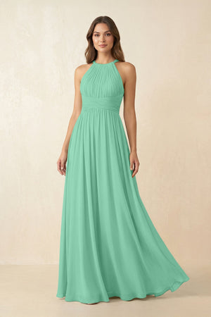 Halter Pleated A - Line Chiffon Bridesmaid Dress in Turquoise - SHE IS ME Bridesmaid Dresses