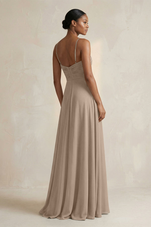 Halter Pleated Chiffon A-Line Bridesmaid Dress in Almond (2) | KISSBRIDAL