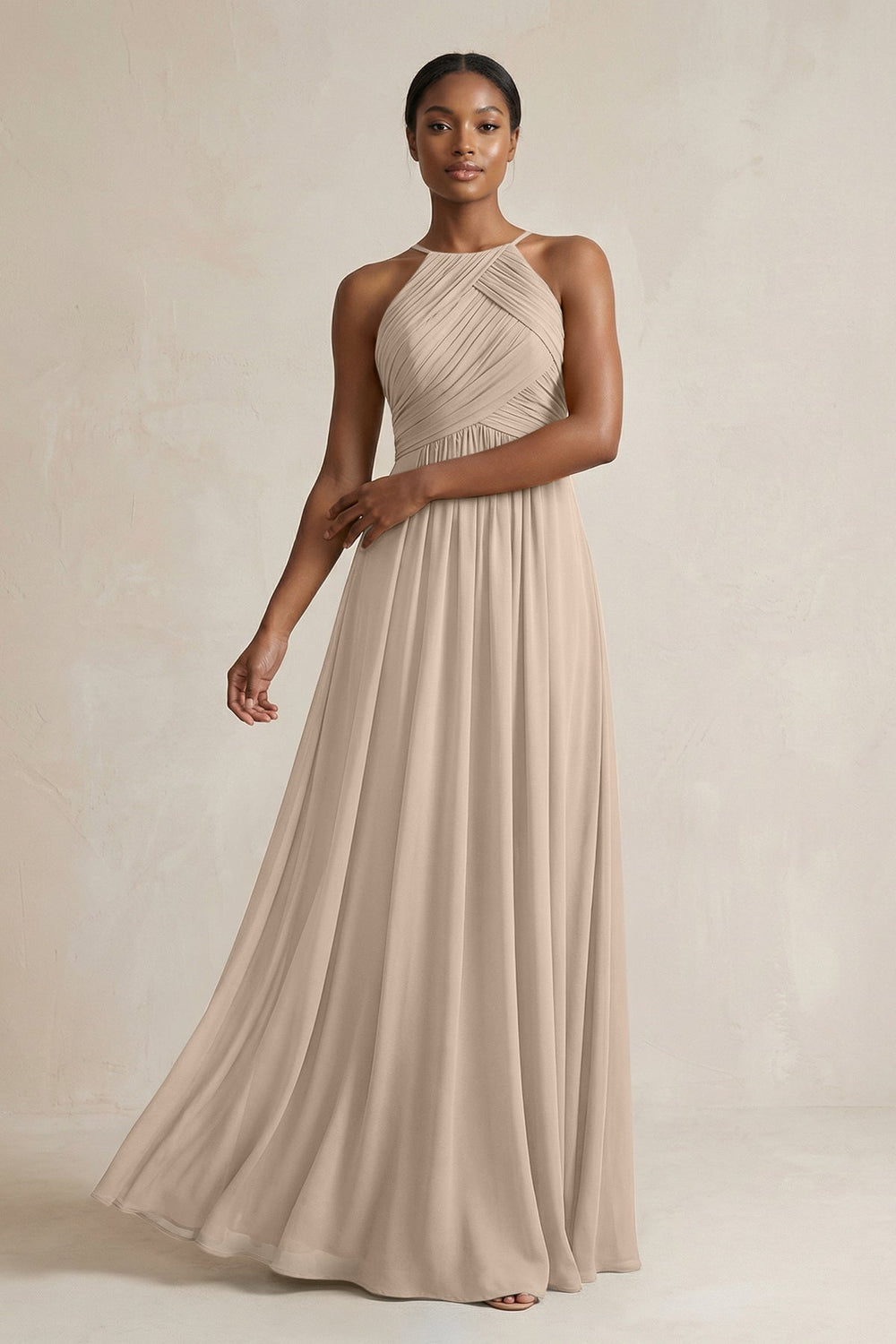 Halter Pleated Chiffon A - Line Bridesmaid Dress in Almond - KISS BRIDAL Bridesmaid Dresses