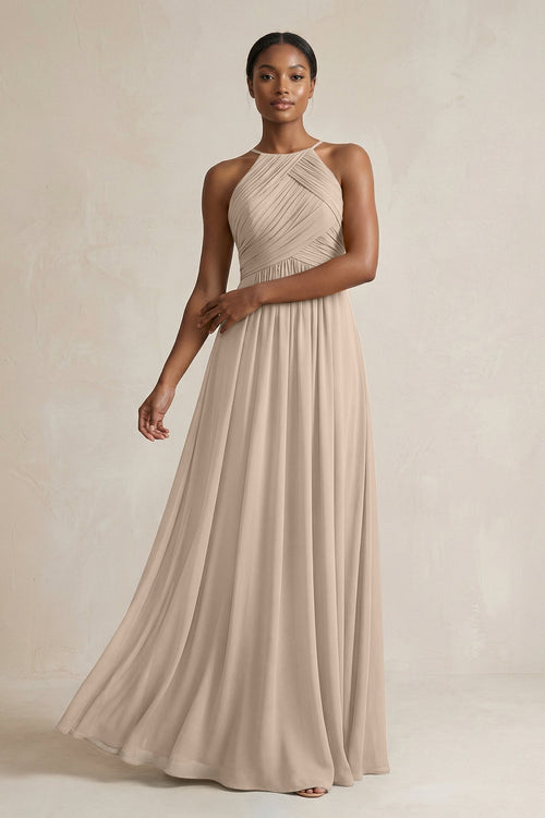 Halter Pleated Chiffon A - Line Bridesmaid Dress in Almond - SHE IS ME Bridesmaid Dresses
