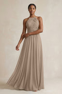 Halter Pleated Chiffon A-Line Bridesmaid Dress in Almond | KISSBRIDAL