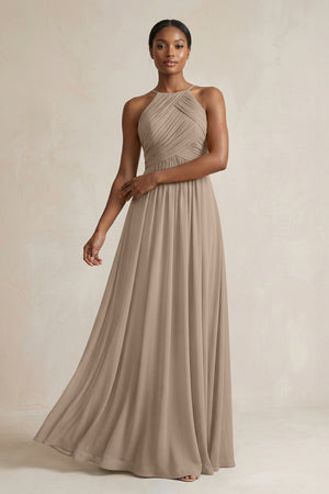 Halter Pleated Chiffon A-Line Bridesmaid Dress in Almond | KISSBRIDAL