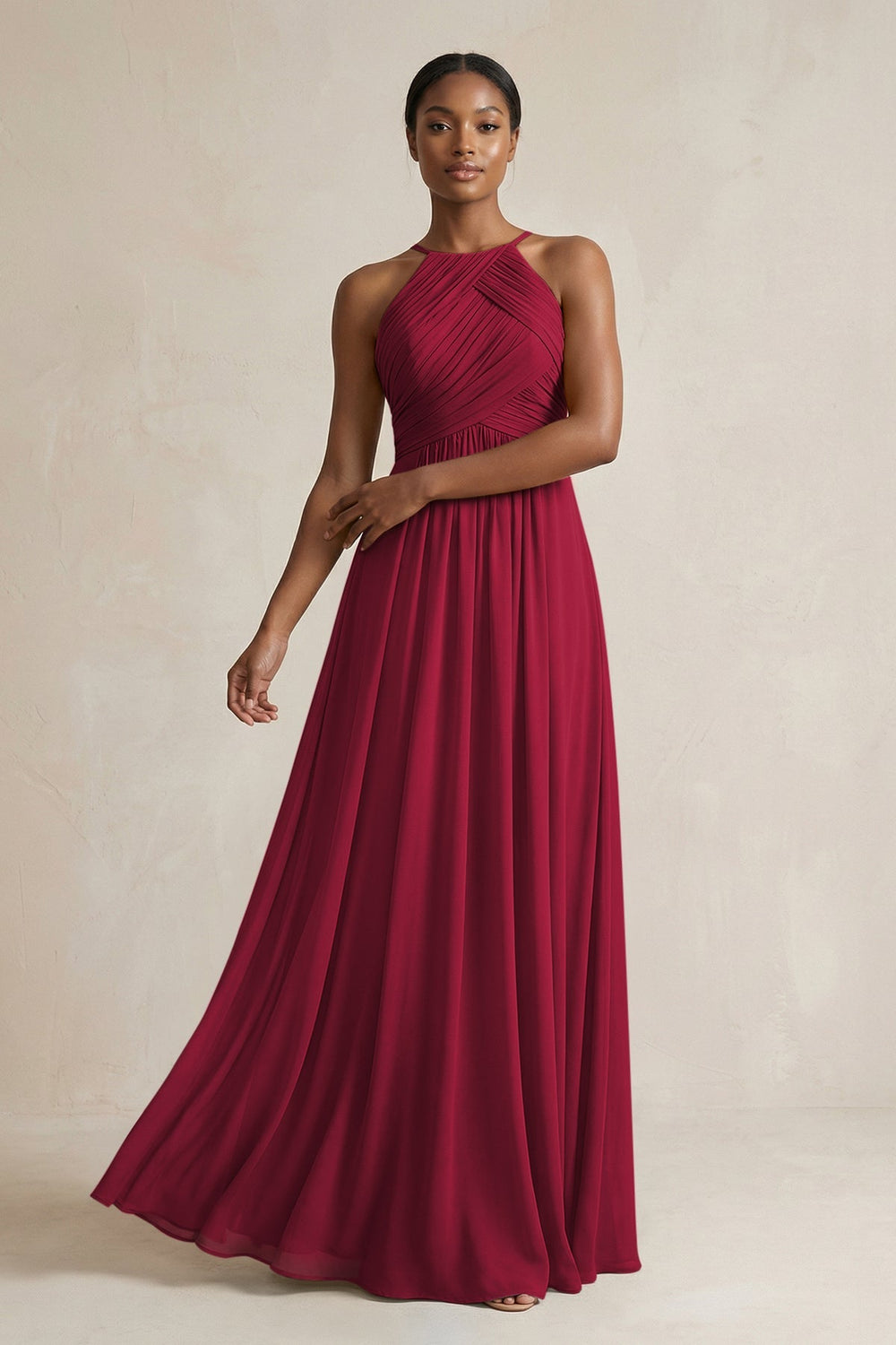 Halter Pleated Chiffon A - Line Bridesmaid Dress in Berry - KISS BRIDAL Bridesmaid Dresses