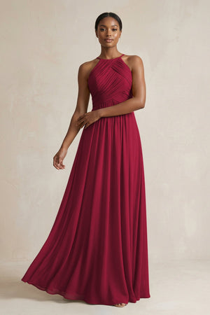 Halter Pleated Chiffon A - Line Bridesmaid Dress in Berry - SHE IS ME Bridesmaid Dresses