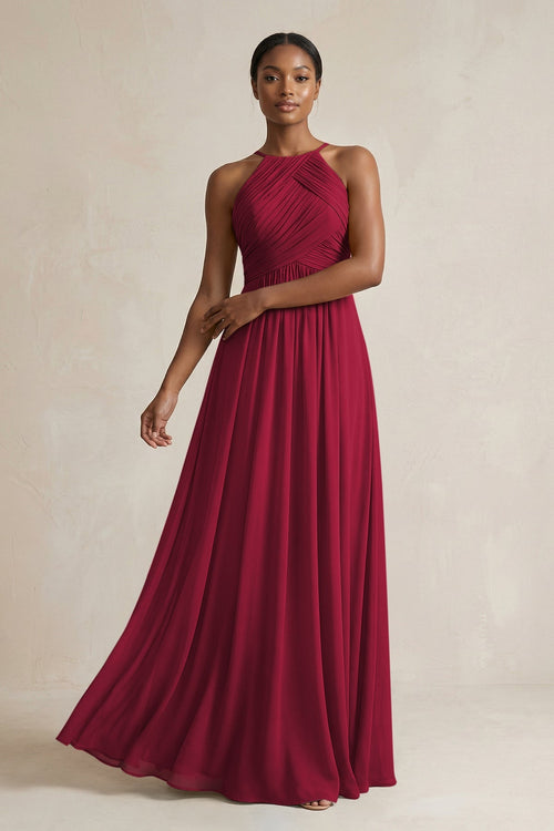 Halter Pleated Chiffon A - Line Bridesmaid Dress in Berry - SHE IS ME Bridesmaid Dresses