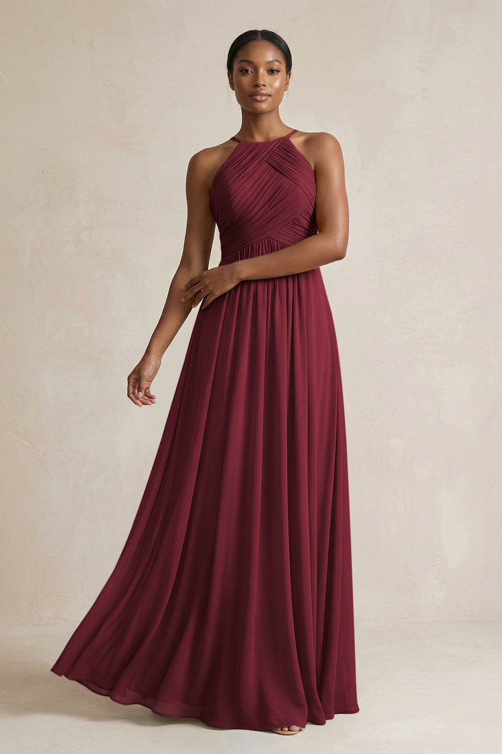 Halter Pleated Chiffon A-Line Bridesmaid Dress in Berry