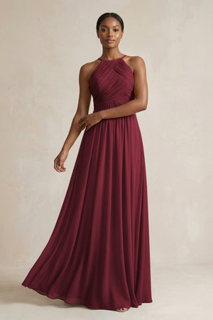 Halter Pleated Chiffon A-Line Bridesmaid Dress in Berry | KISSBRIDAL