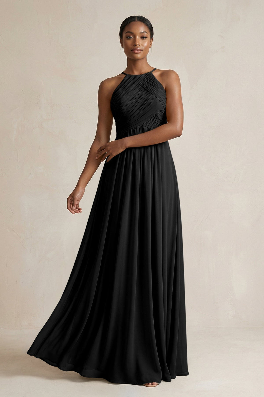Halter Pleated Chiffon A - Line Bridesmaid Dress in Black - KISS BRIDAL Bridesmaid Dresses