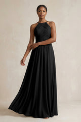 Halter Pleated Chiffon A - Line Bridesmaid Dress in Black - KISS BRIDAL Bridesmaid Dresses