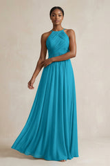 Halter Pleated Chiffon A - Line Bridesmaid Dress in Blue Jay - KISS BRIDAL Bridesmaid Dresses