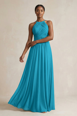 Halter Pleated Chiffon A - Line Bridesmaid Dress in Blue Jay - SHE IS ME Bridesmaid Dresses