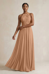 Halter Pleated Chiffon A - Line Bridesmaid Dress in Bronzer - KISS BRIDAL Bridesmaid Dresses