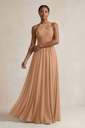 Halter Pleated Chiffon A - Line Bridesmaid Dress in Bronzer - KISS BRIDAL Bridesmaid Dresses