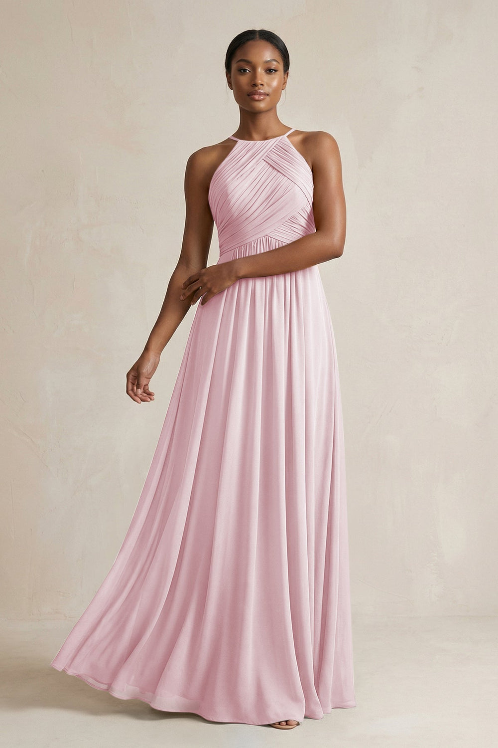 Halter Pleated Chiffon A - Line Bridesmaid Dress in Candy Pink - KISS BRIDAL Bridesmaid Dresses